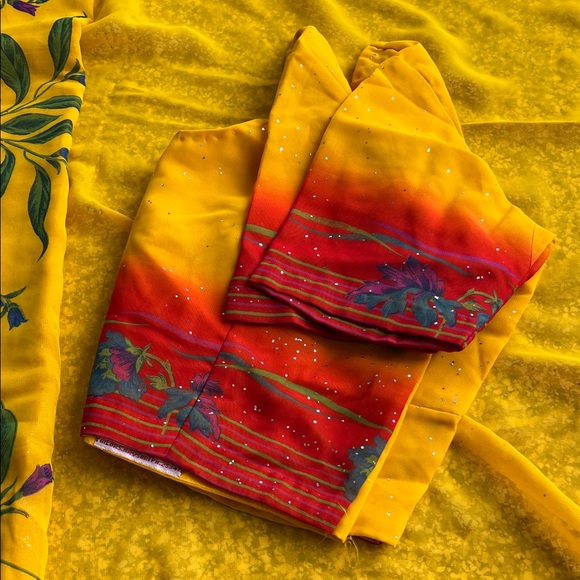 Vibrant Yellow and Red Floral Saree - Picture 2 of 4